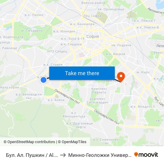 Бул. Ал. Пушкин / Al. Pushkin Blvd. (0276) to Минно-Геоложки Университет ""Св.Иван Рилски"" map