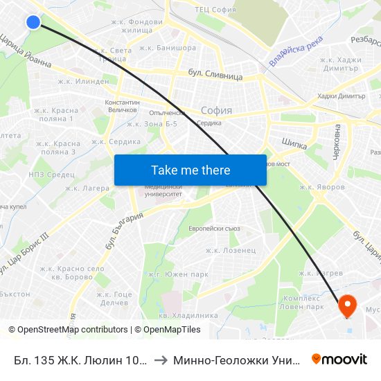 Бл. 135 Ж.К. Люлин 10 / Bl. 135, Lyulin 10 Qr. (0136) to Минно-Геоложки Университет ""Св.Иван Рилски"" map
