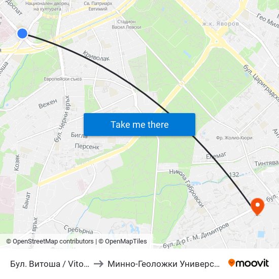 Бул. Витоша / Vitosha Blvd. (0301) to Минно-Геоложки Университет ""Св.Иван Рилски"" map