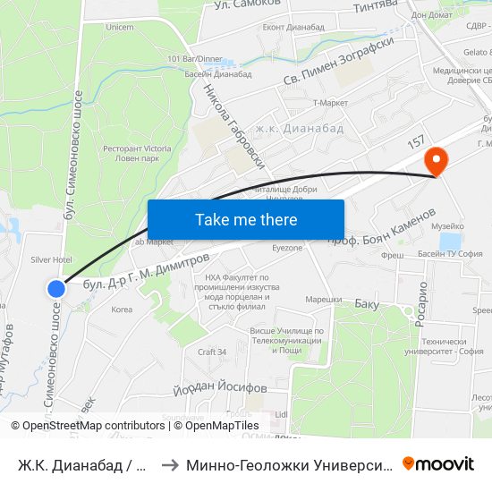 Ж.К. Дианабад / Dianabad (0602) to Минно-Геоложки Университет ""Св.Иван Рилски"" map