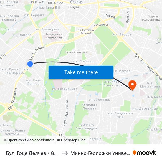 Бул. Гоце Делчев / Gotse Delchev Blvd. (0314) to Минно-Геоложки Университет ""Св.Иван Рилски"" map