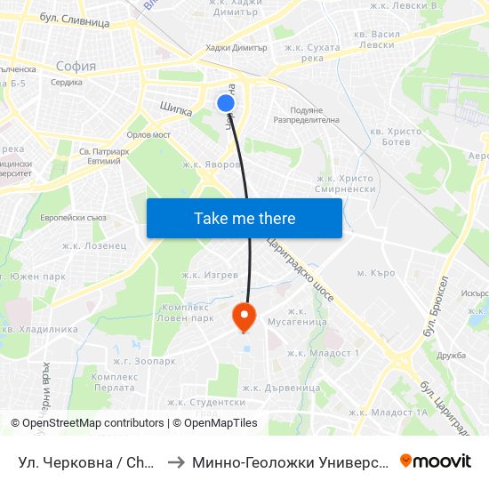 Ул. Черковна / Cherkovna St. (2259) to Минно-Геоложки Университет ""Св.Иван Рилски"" map