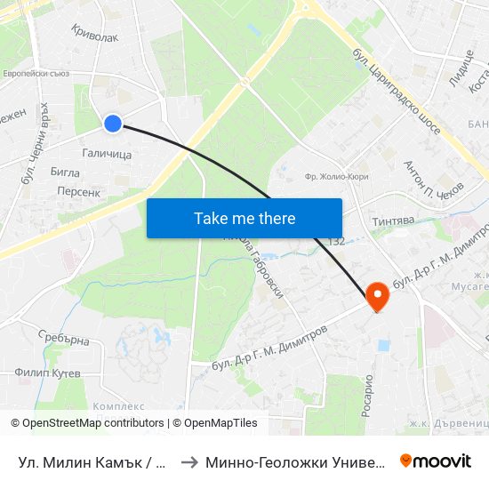 Ул. Милин Камък / Milin Kamak St. (2046) to Минно-Геоложки Университет ""Св.Иван Рилски"" map