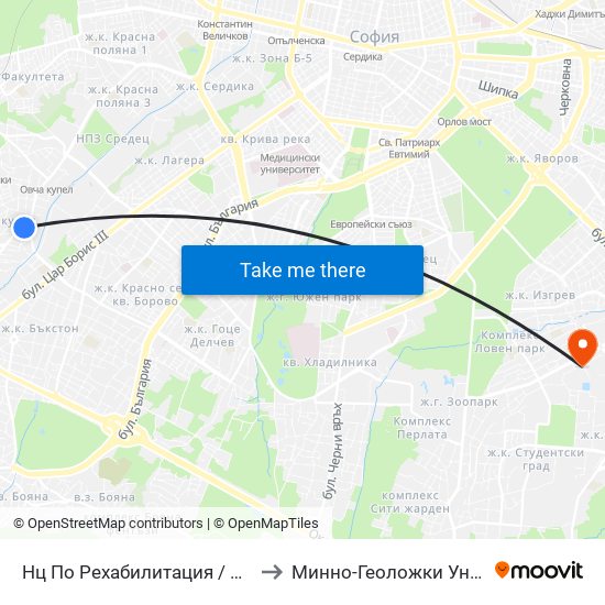Нц По Рехабилитация / National Rehabilitation Centre (0095) to Минно-Геоложки Университет ""Св.Иван Рилски"" map