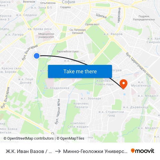 Ж.К. Иван Вазов / Ivan Vazov (0626) to Минно-Геоложки Университет ""Св.Иван Рилски"" map