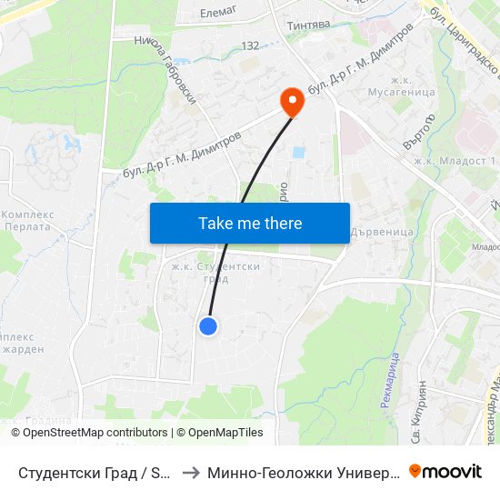 Студентски Град / Students' Town (1693) to Минно-Геоложки Университет ""Св.Иван Рилски"" map