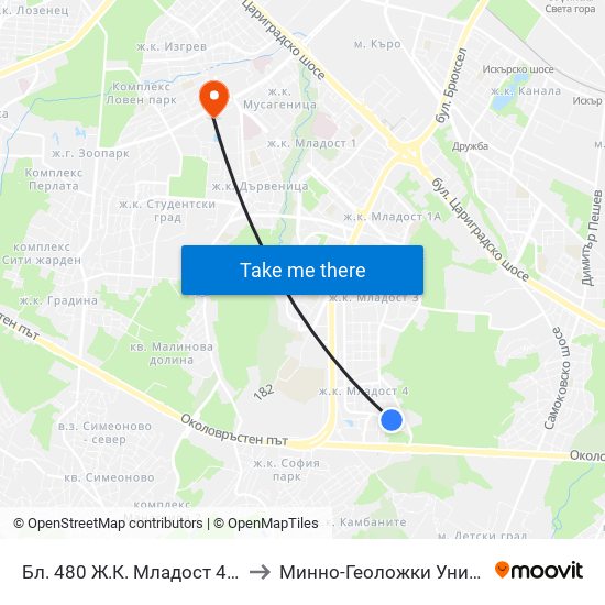 Бл. 480 Ж.К. Младост 4 / Bl. 480, Mladost 4 Qr. (2395) to Минно-Геоложки Университет ""Св.Иван Рилски"" map