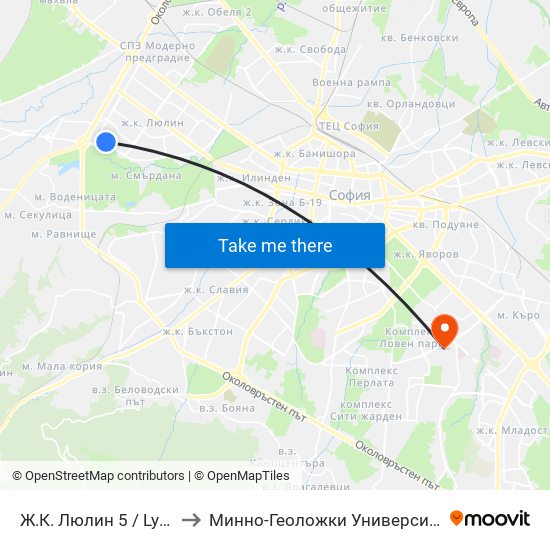 Ж.К. Люлин 5 / Lyulin 5 Qr. (0656) to Минно-Геоложки Университет ""Св.Иван Рилски"" map