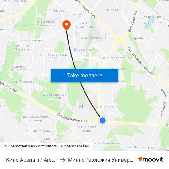 Кино Арена Іі / Arena II Cinema (2648) to Минно-Геоложки Университет ""Св.Иван Рилски"" map