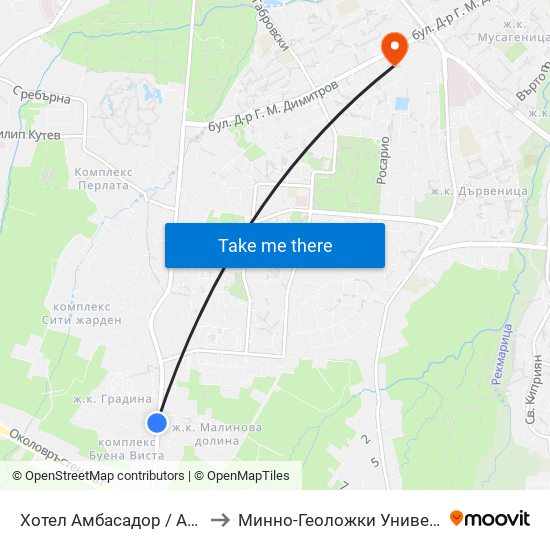 Хотел Амбасадор / Ambassador Hotel (0658) to Минно-Геоложки Университет ""Св.Иван Рилски"" map