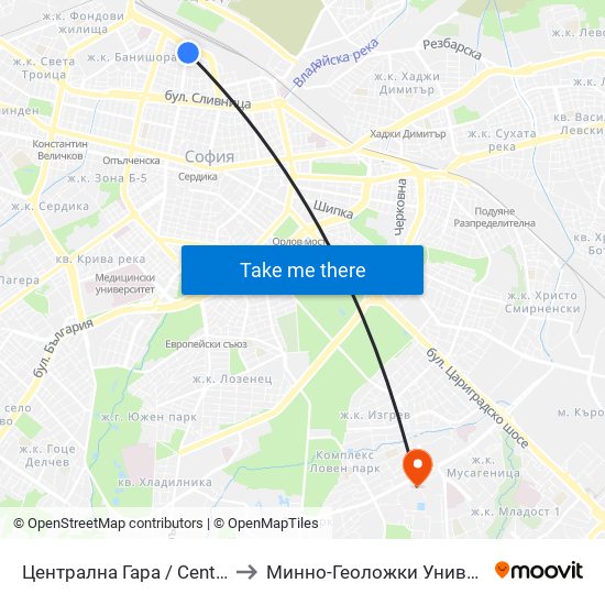 Централна Гара / Central Railway Station (1331) to Минно-Геоложки Университет ""Св.Иван Рилски"" map