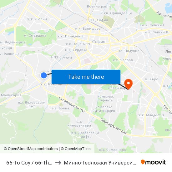 66-То Соу / 66-Th School (0041) to Минно-Геоложки Университет ""Св.Иван Рилски"" map