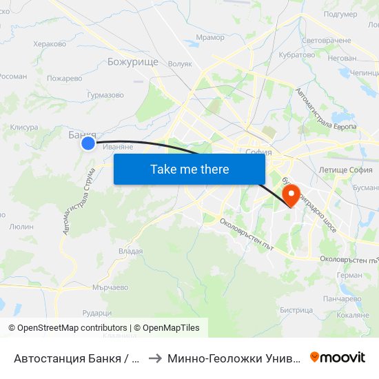 Автостанция Банкя / Bankya Bus Station (0050) to Минно-Геоложки Университет ""Св.Иван Рилски"" map