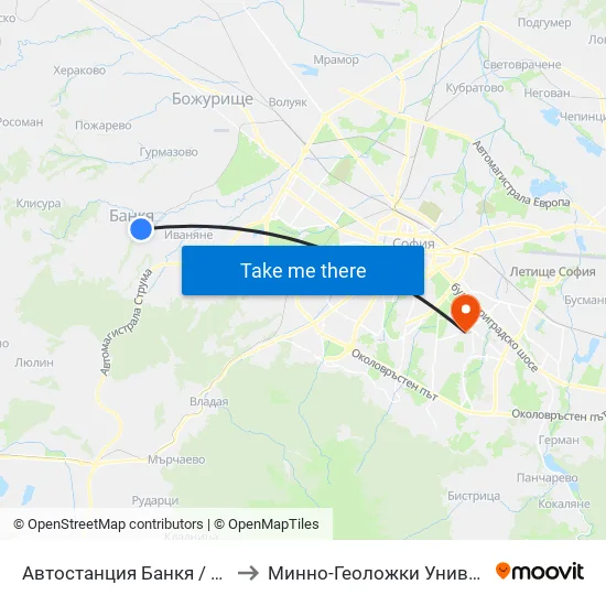 🚌 Автостанция Банкя / Bankya Bus Station (0050) to Минно-Геоложки Университет ""Св.Иван Рилски"" map