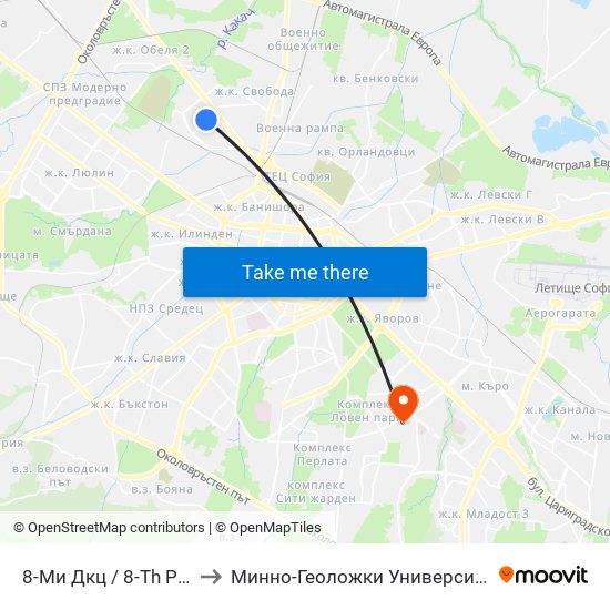 8-Ми Дкц / 8-Th Polyclinic (0044) to Минно-Геоложки Университет ""Св.Иван Рилски"" map