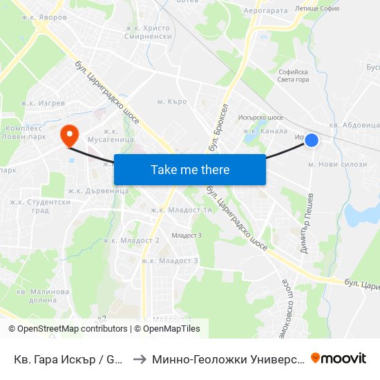 Кв. Гара Искър / Gara Iskar Qr. (0036) to Минно-Геоложки Университет ""Св.Иван Рилски"" map