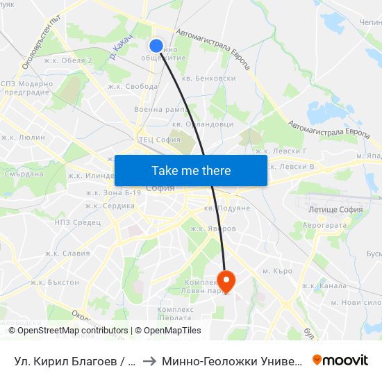 Ул. Кирил Благоев / Kiril Blagoev St. (1988) to Минно-Геоложки Университет ""Св.Иван Рилски"" map