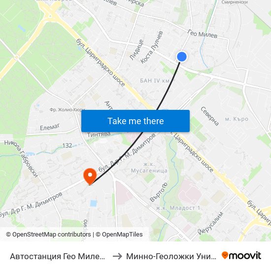 Автостанция Гео Милев / Geo Milev Bus Station (0053) to Минно-Геоложки Университет ""Св.Иван Рилски"" map