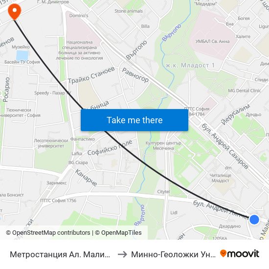 Метростанция Ал. Малинов / Al. Malinov Metro Station (0234) to Минно-Геоложки Университет ""Св.Иван Рилски"" map