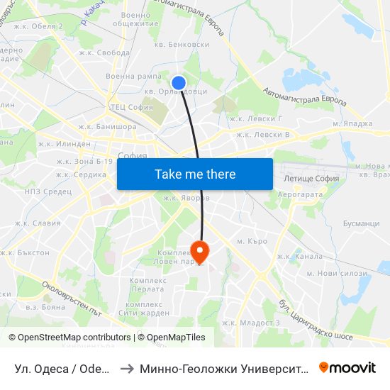 Ул. Одеса / Odessa St. (2355) to Минно-Геоложки Университет ""Св.Иван Рилски"" map