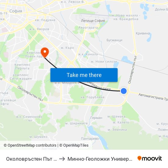 Околовръстен Път / Ring Road (1183) to Минно-Геоложки Университет ""Св.Иван Рилски"" map