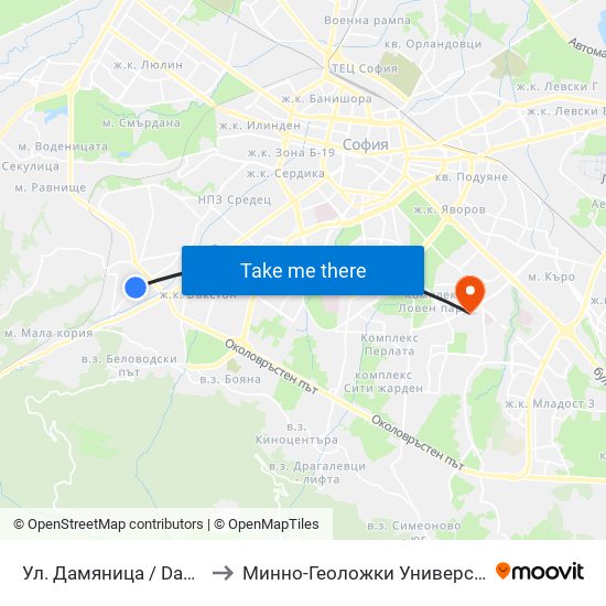 Ул. Дамяница / Damyanitsa St. (1922) to Минно-Геоложки Университет ""Св.Иван Рилски"" map