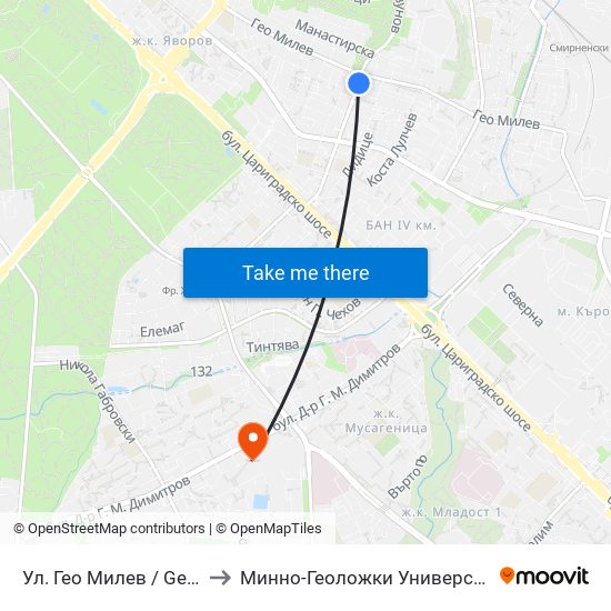 Ул. Гео Милев / Geo Milev St. (1904) to Минно-Геоложки Университет ""Св.Иван Рилски"" map