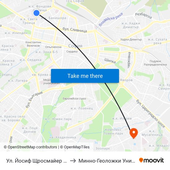 Ул. Йосиф Щросмайер / Josip Strossmeyer St. (1968) to Минно-Геоложки Университет ""Св.Иван Рилски"" map