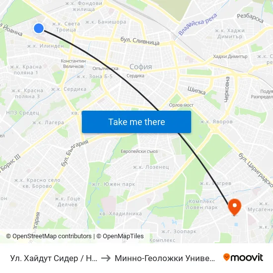Ул. Хайдут Сидер / Haydut Sider St. (2229) to Минно-Геоложки Университет ""Св.Иван Рилски"" map