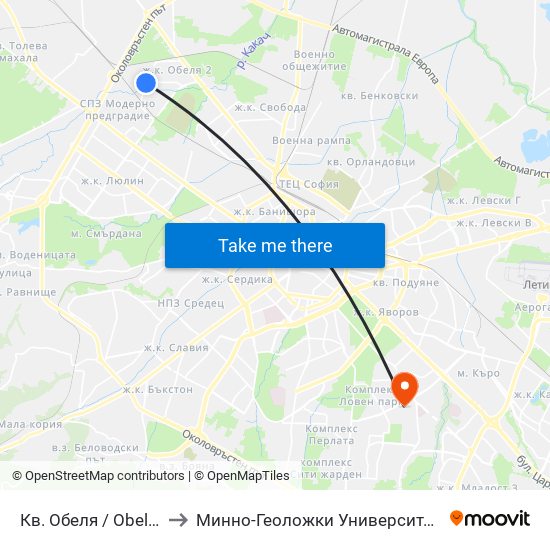 Кв. Обеля / Obelya Qr. (0871) to Минно-Геоложки Университет ""Св.Иван Рилски"" map