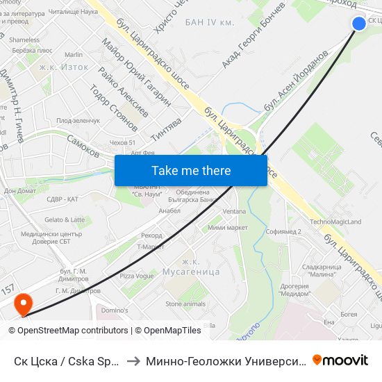 Ск Цска / Cska Sports Club (1151) to Минно-Геоложки Университет ""Св.Иван Рилски"" map