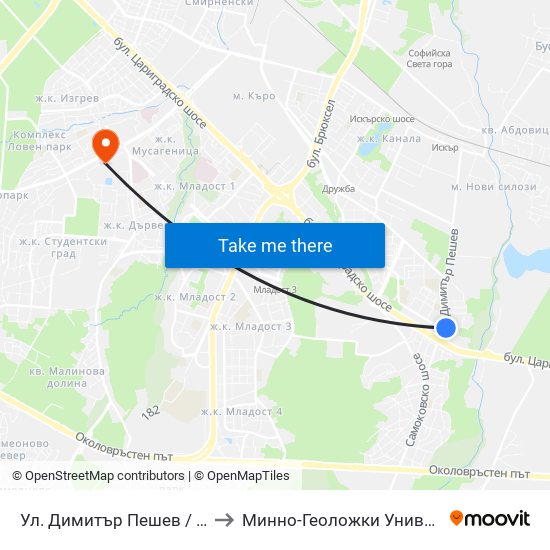 Ул. Димитър Пешев / Dimitar Peshev St. (1929) to Минно-Геоложки Университет ""Св.Иван Рилски"" map