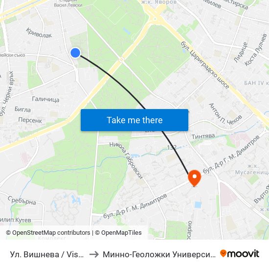 Ул. Вишнева / Vishneva St. (1879) to Минно-Геоложки Университет ""Св.Иван Рилски"" map