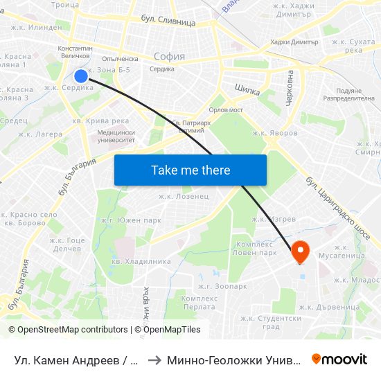 Ул. Камен Андреев / Kamen Andreev St. (1977) to Минно-Геоложки Университет ""Св.Иван Рилски"" map