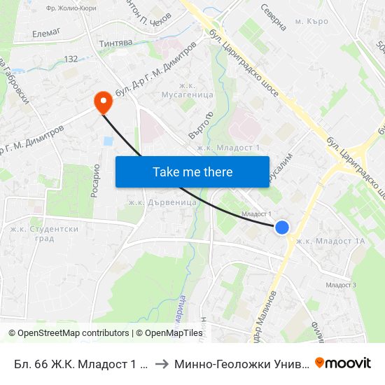 Бл. 66 Ж.К. Младост 1 / Bl. 66, Mladost 1 Qr (0246) to Минно-Геоложки Университет ""Св.Иван Рилски"" map