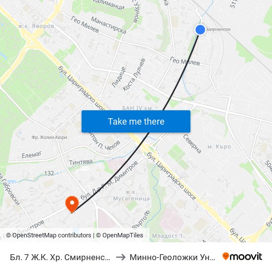 Бл. 7 Ж.К. Хр. Смирненски / Bl. 7, Hr. Smirnenski Qr. (0250) to Минно-Геоложки Университет ""Св.Иван Рилски"" map