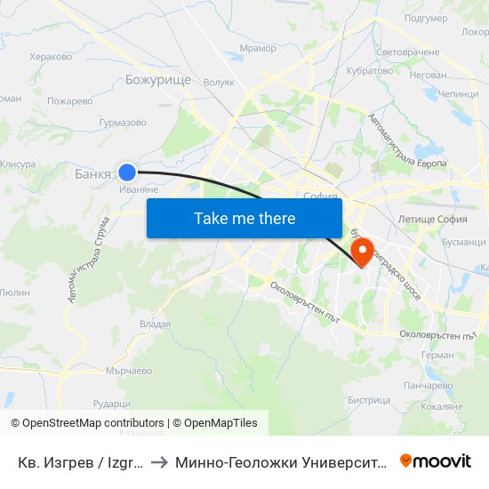 Кв. Изгрев / Izgrev Qr. (0844) to Минно-Геоложки Университет ""Св.Иван Рилски"" map