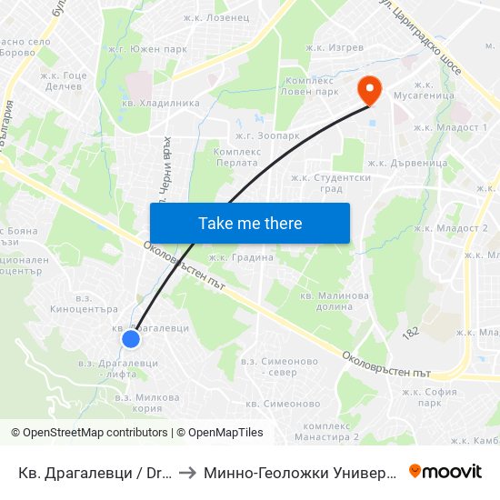 Кв. Драгалевци / Dragalevtsi Qr. (0837) to Минно-Геоложки Университет ""Св.Иван Рилски"" map