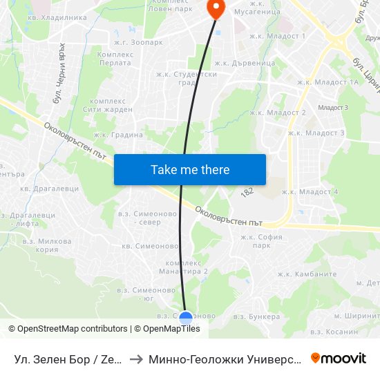 Ул. Зелен Бор / Zelen Bor St. (0260) to Минно-Геоложки Университет ""Св.Иван Рилски"" map