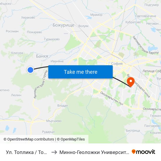 Ул. Топлика / Toplika St. (0869) to Минно-Геоложки Университет ""Св.Иван Рилски"" map