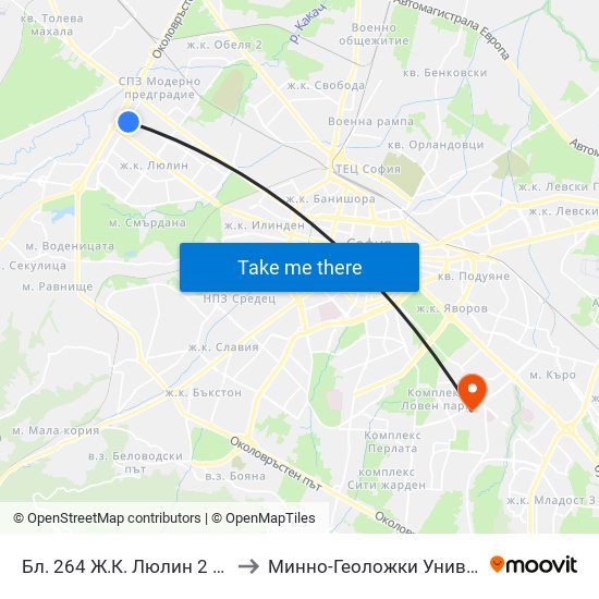 Бл. 264 Ж.К. Люлин 2 / Bl. 264, Lyulin 2 Qr. (0152) to Минно-Геоложки Университет ""Св.Иван Рилски"" map