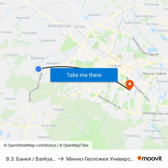 В.З. Банкя / Bankya Villa Zone (0432) to Минно-Геоложки Университет ""Св.Иван Рилски"" map