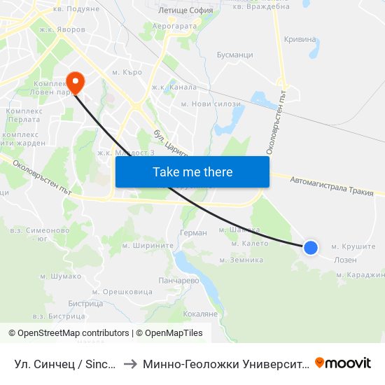 Ул. Синчец / Sinchets St. (2173) to Минно-Геоложки Университет ""Св.Иван Рилски"" map
