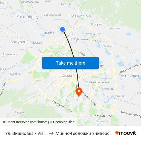 Ул. Вишновка / Vishnovka St. (2631) to Минно-Геоложки Университет ""Св.Иван Рилски"" map