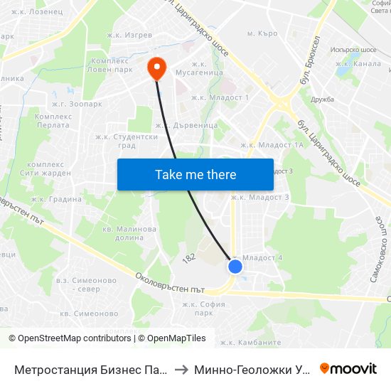 Метростанция Бизнес Парк / Business Park Metro Station (2491) to Минно-Геоложки Университет ""Св.Иван Рилски"" map
