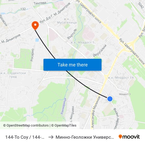 144-То Соу / 144-Th School (2276) to Минно-Геоложки Университет ""Св.Иван Рилски"" map