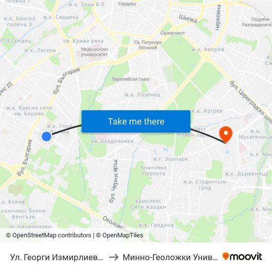 Ул. Георги Измирлиев / Georgi Izmirliev St. (6276) to Минно-Геоложки Университет ""Св.Иван Рилски"" map