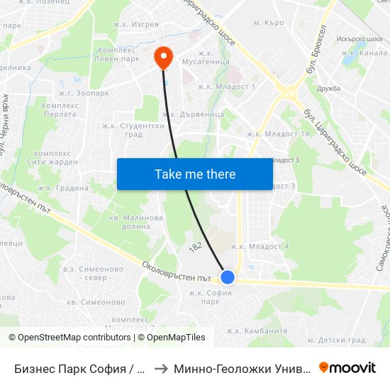 Бизнес Парк София / Business Park Sofia (2625) to Минно-Геоложки Университет ""Св.Иван Рилски"" map