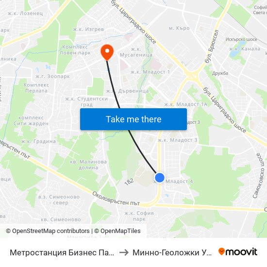 Метростанция Бизнес Парк / Business Park Metro Station (2373) to Минно-Геоложки Университет ""Св.Иван Рилски"" map