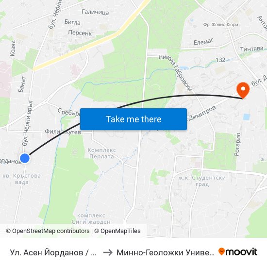 Ул. Асен Йорданов / Asen Yordanov St. (0783) to Минно-Геоложки Университет ""Св.Иван Рилски"" map